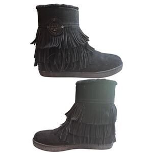 Tory Burch Collins Black Suede Leather Fringe Lambswool Ankle Boots Shoes 9